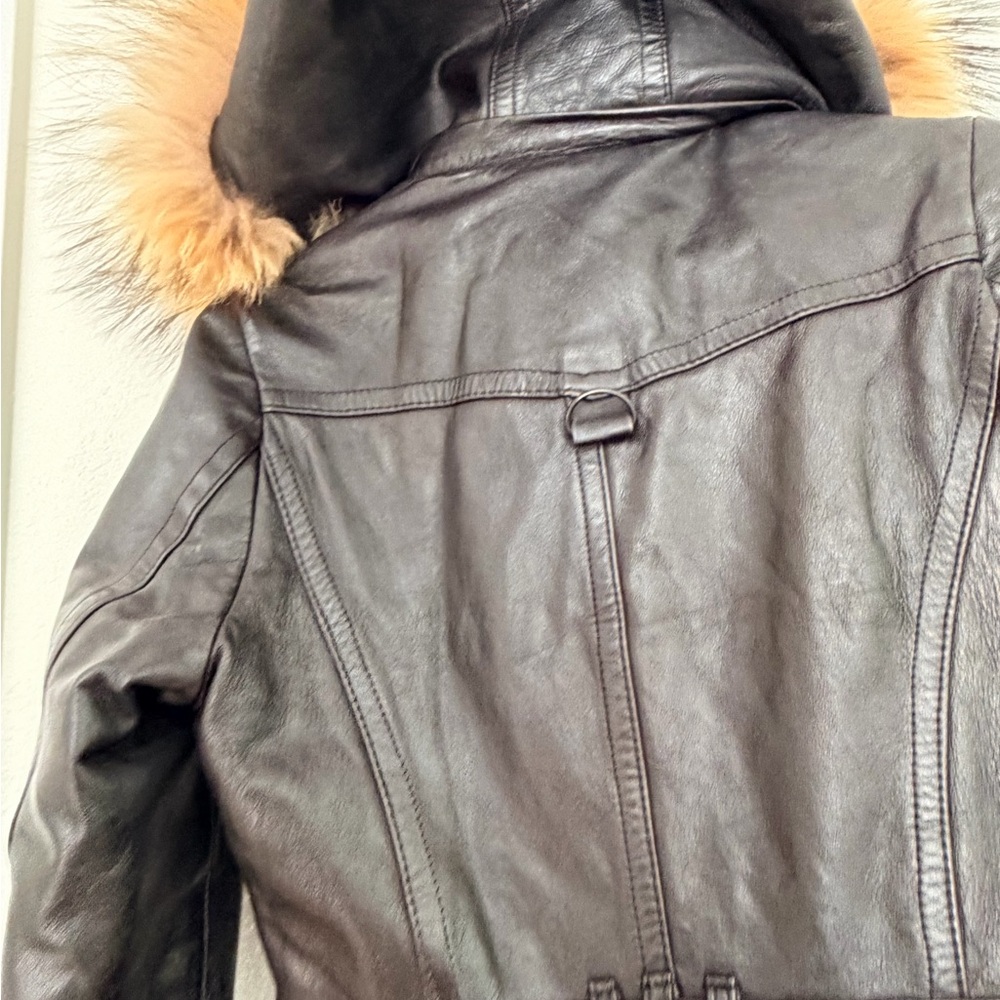 Top Gun Women’s Black Leather Long Coat Jacket Fur Hood S Genuine Leather - Picture 7 of 14